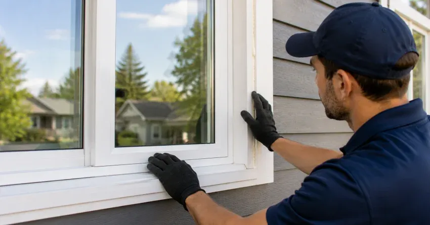 technician comparing full-frame and retrofit window replacement options in North York