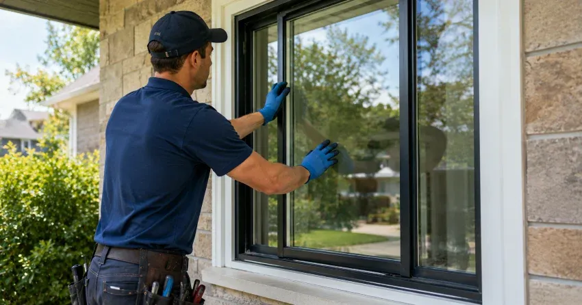 technician measuring a broken window pane for replacement in Bridle Path, North York