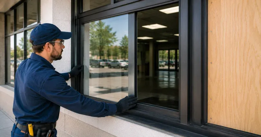 technician boarding a broken window after a break-in in Henry Farm, North York