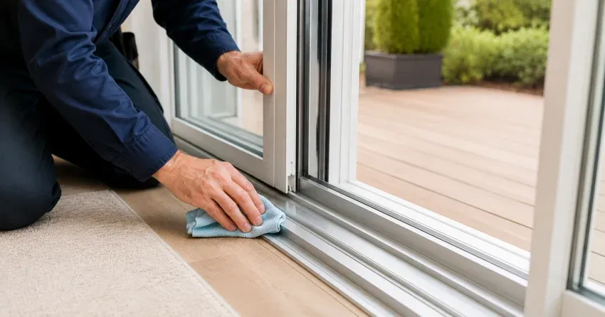 technician inspecting a sliding patio door track in Pleasant View, North York
