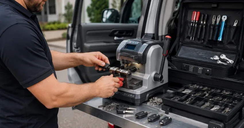 technician cutting a replacement car door lock key in Downsview, North York
