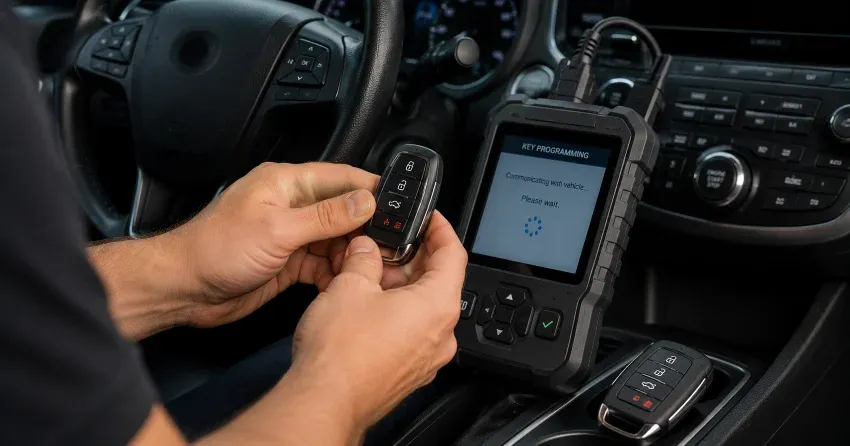 technician inspecting a worn car key before replacement in North York