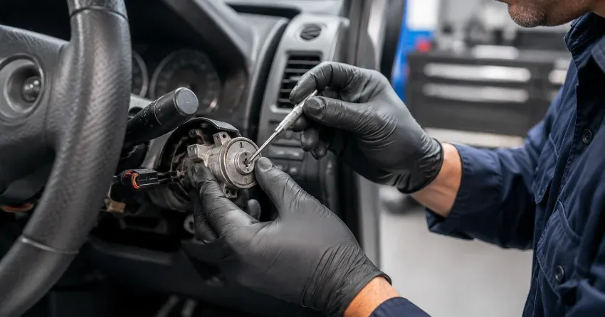 technician diagnosing an ignition lock repair issue in Downsview, North York