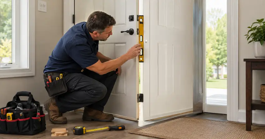 technician diagnosing a misaligned door frame in Bridle Path, North York