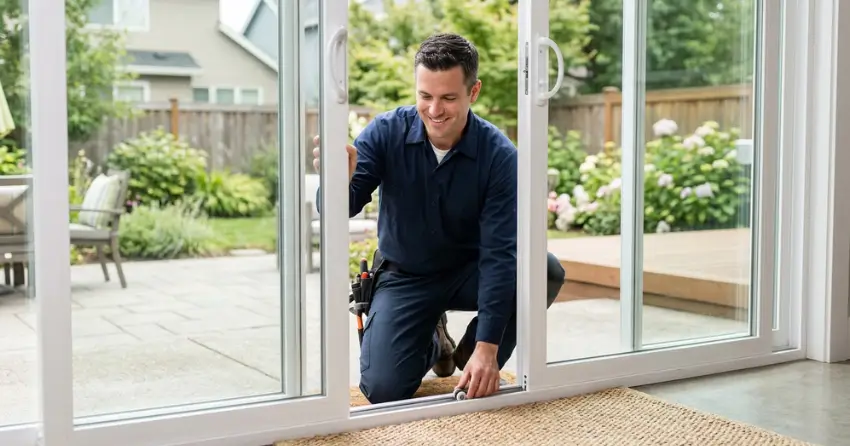 technician diagnosing a sticking patio door in Bridle Path, North York