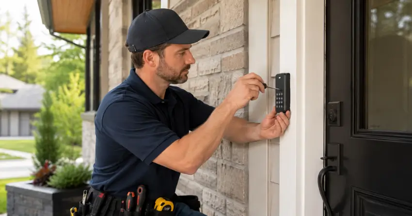 Technician installing an access control system keypad beside a residential front door in Downsview, North York