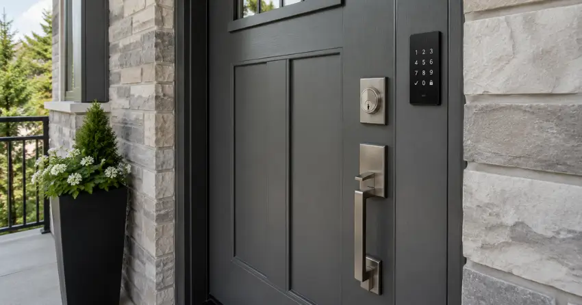 High-security door hardware and access control keypad installed on a residential entry door in Downsview, North York