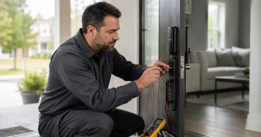 technician diagnosing automatic door lock mechanism on residential door in Downsview, North York