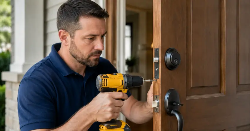technician installing a new deadbolt during Change Door Lock Downsview, North York service