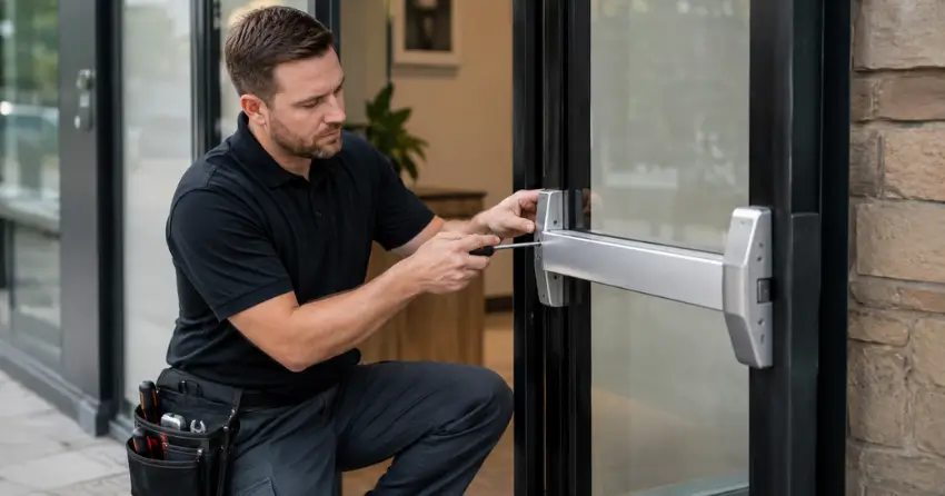 commercial locksmith repairing exit device on storefront door North York