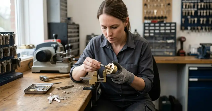 locksmith technician rekeying a deadbolt in North York