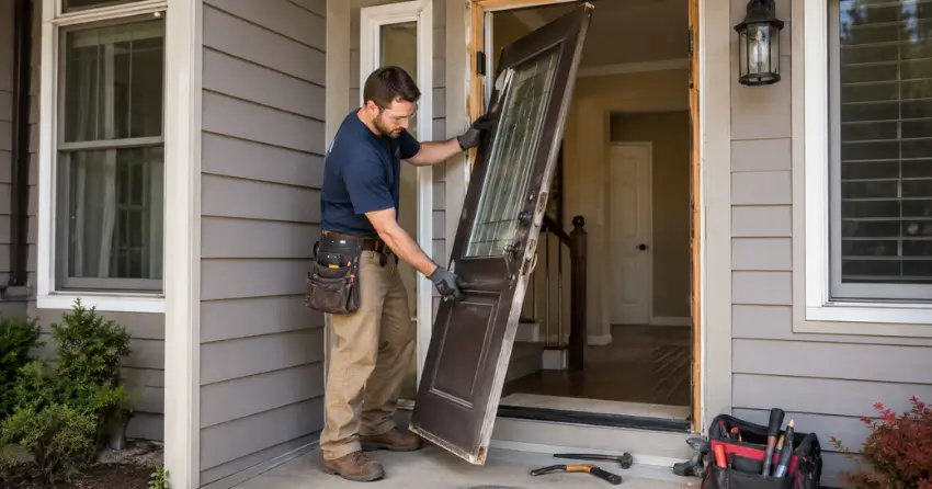 old exterior door being removed for replacement in North York