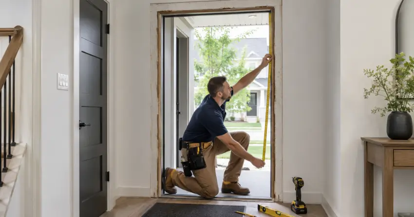 technician measuring a door frame before new door installation in Downsview, North York