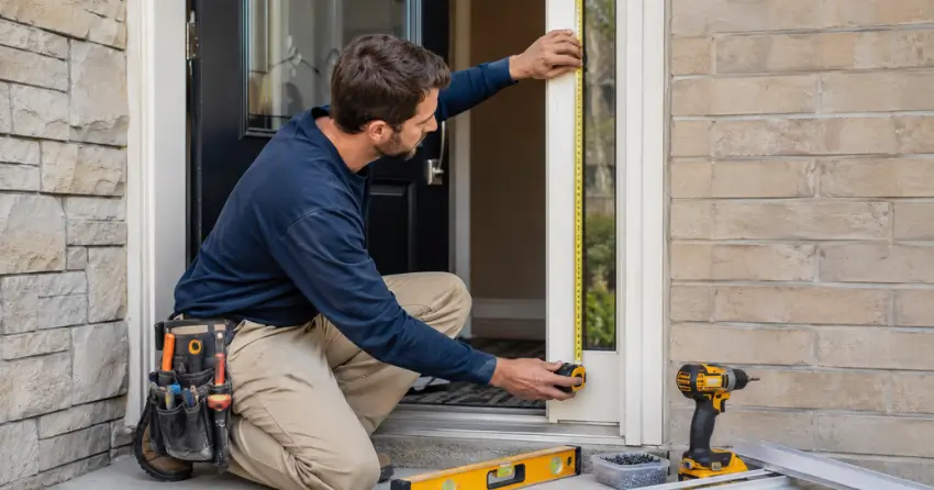 technician measuring door frame before storm door install in Bridle Path, North York