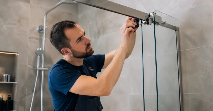 technician adjusting shower door hinge and track in Bridle Path, North York
