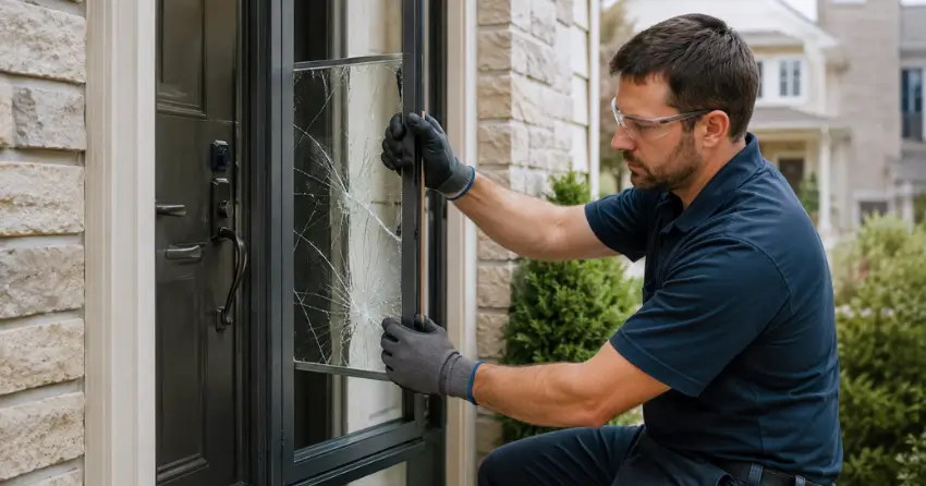 technician removing cracked storm door glass panel in Bridle Path, North York