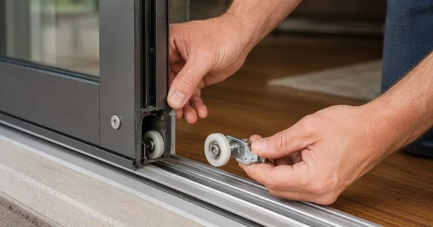 sliding door alignment North York technician adjusting roller track