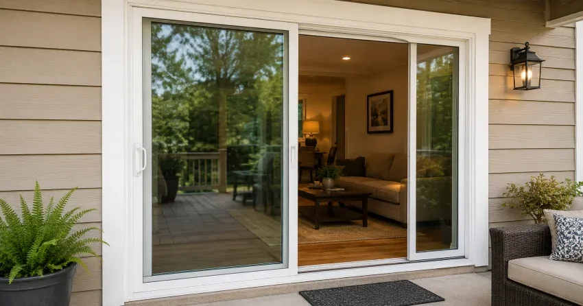 Patio Door Installation technician setting a new frame in Downsview, North York