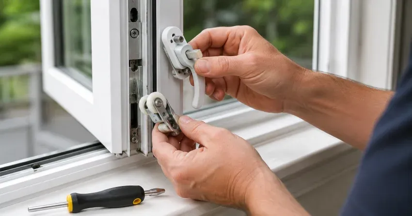 technician performing broken window repair North York on a sliding window