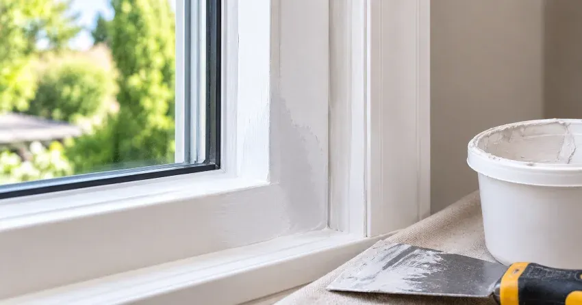 technician repairing rotted window frame corner in Downsview, North York