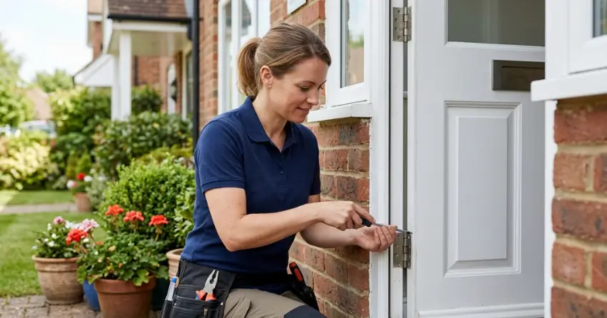 technician repairing exterior door hinge and frame in Bridle Path, North York
