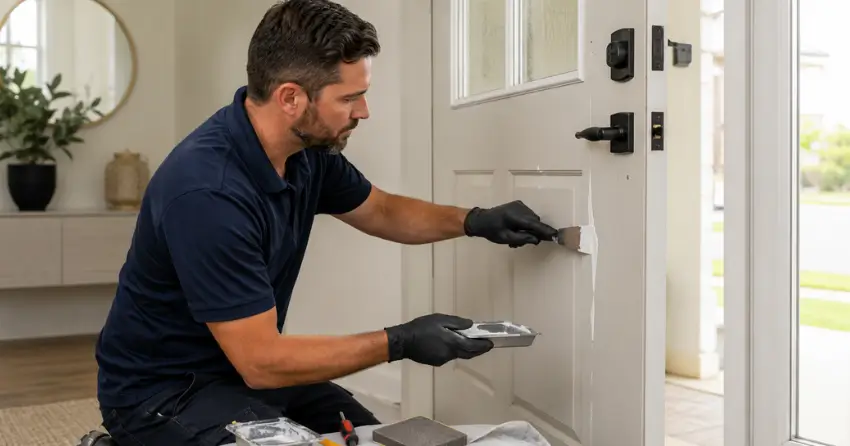 technician repairing fiberglass door surface crack in Pleasant View, North York