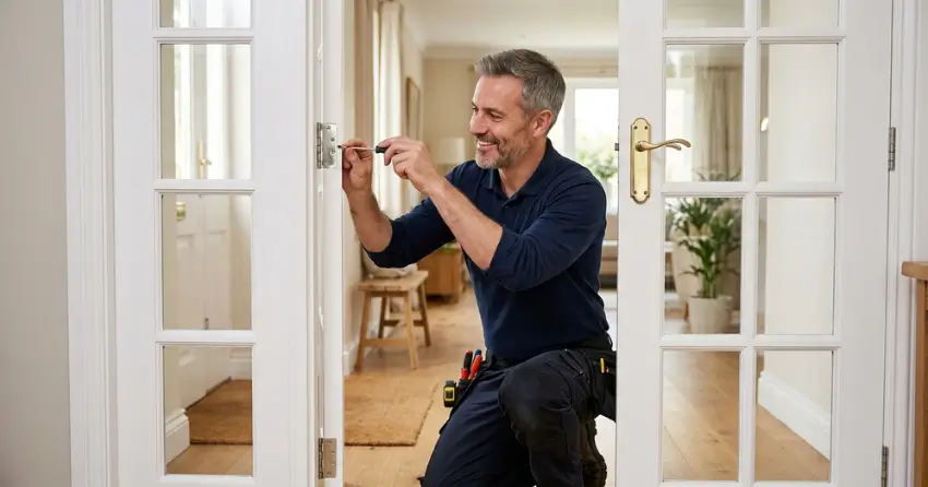 technician adjusting French door hinge for proper alignment in Downsview, North York