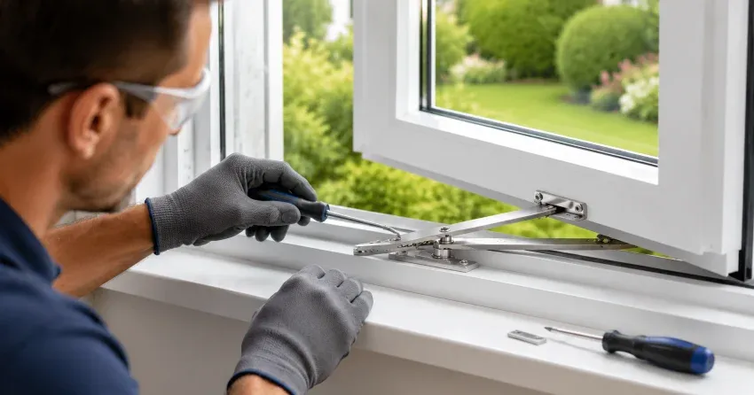 automatic door technician inspecting sensor and control panel in North York