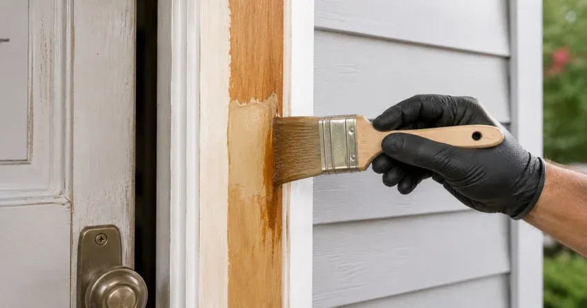 technician probing rotted wood on a door frame in Bridle Path, North York