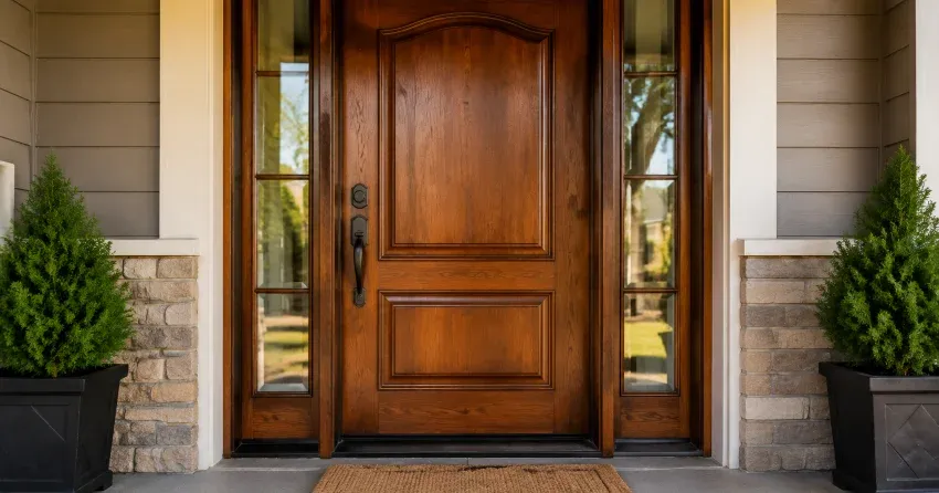 wood door mid-restoration showing stripped bare wood in Pleasant View, North York