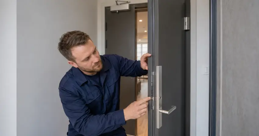 technician inspecting fire-rated door seal and hardware in Bridle Path, North York