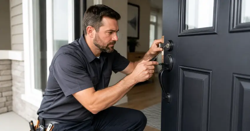 licensed locksmith technician working on residential deadbolt in North York