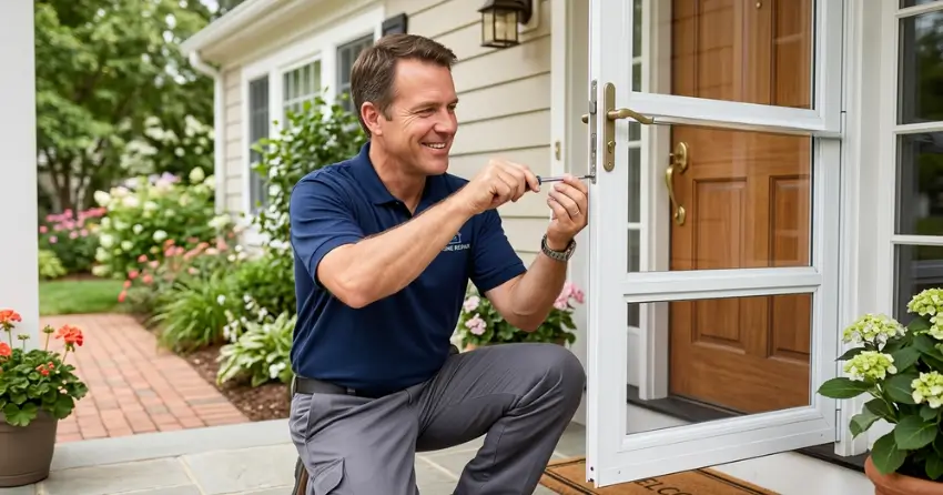 technician adjusting storm door hinge and closer in Pleasant View, North York