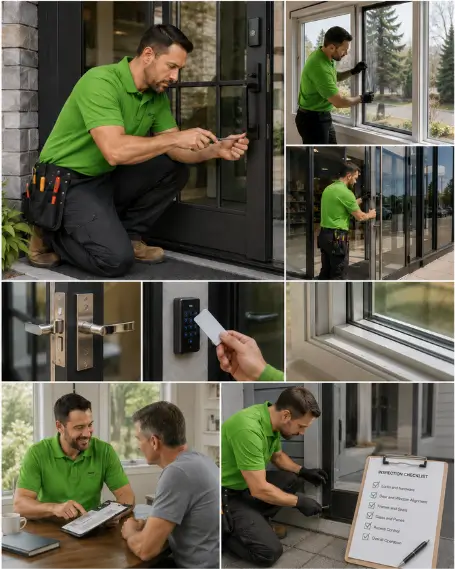 A technician demonstrating the finished operation of a repaired entry door